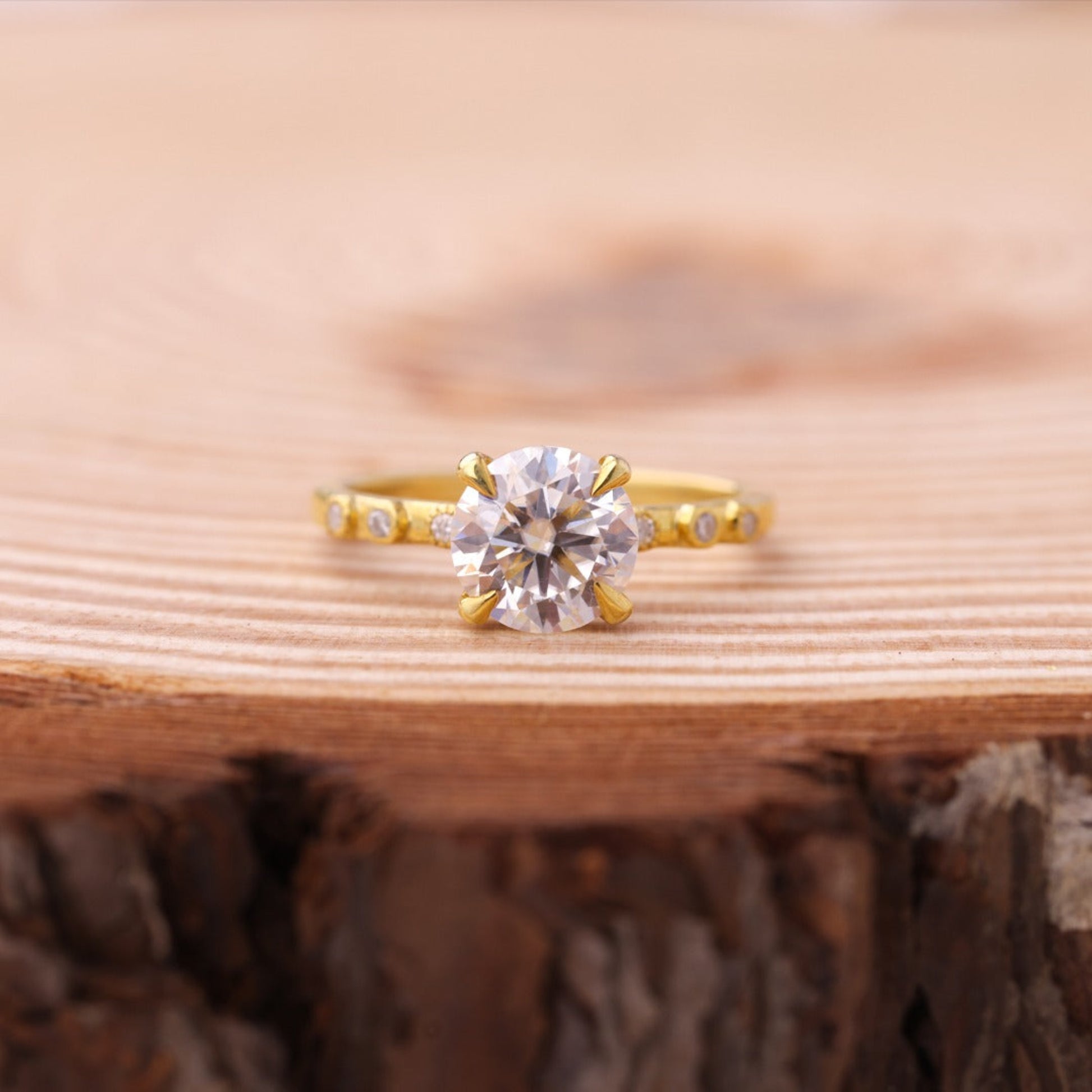 Elegant Round Moissanite Ring, Cluster Yellow Gold Engagement Fine Jewelry