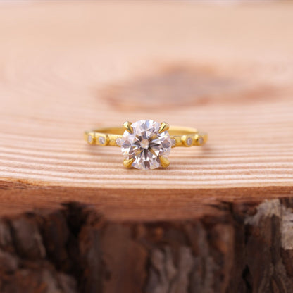 Elegant Round Moissanite Ring, Cluster Yellow Gold Engagement Fine Jewelry