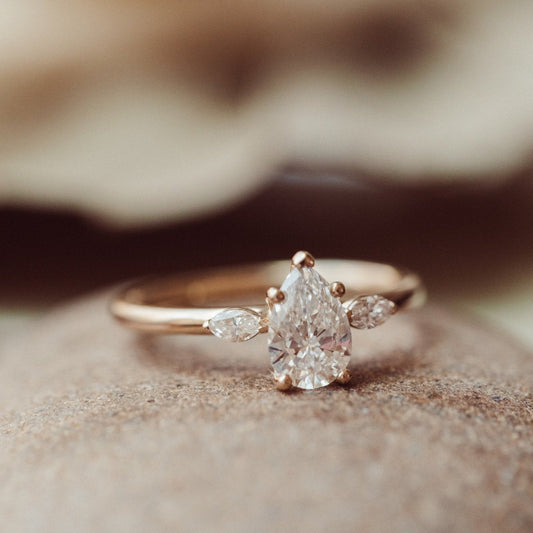 Pear Cut Three Stone Engagement Ring, Moissanite Bridal Wedding Jewelry With Yellow Gold And Romantic Design