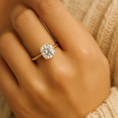Cushion Cut Moissanite Engagement Ring With Gold Band, Elegant Diamond Alternative Ring Perfect For Brides.