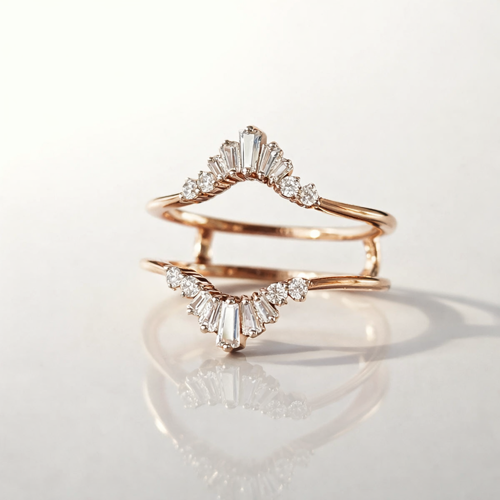 Curved Wedding Band Ring Wrap With Baguette And Round Cut Wedding Band Accents
