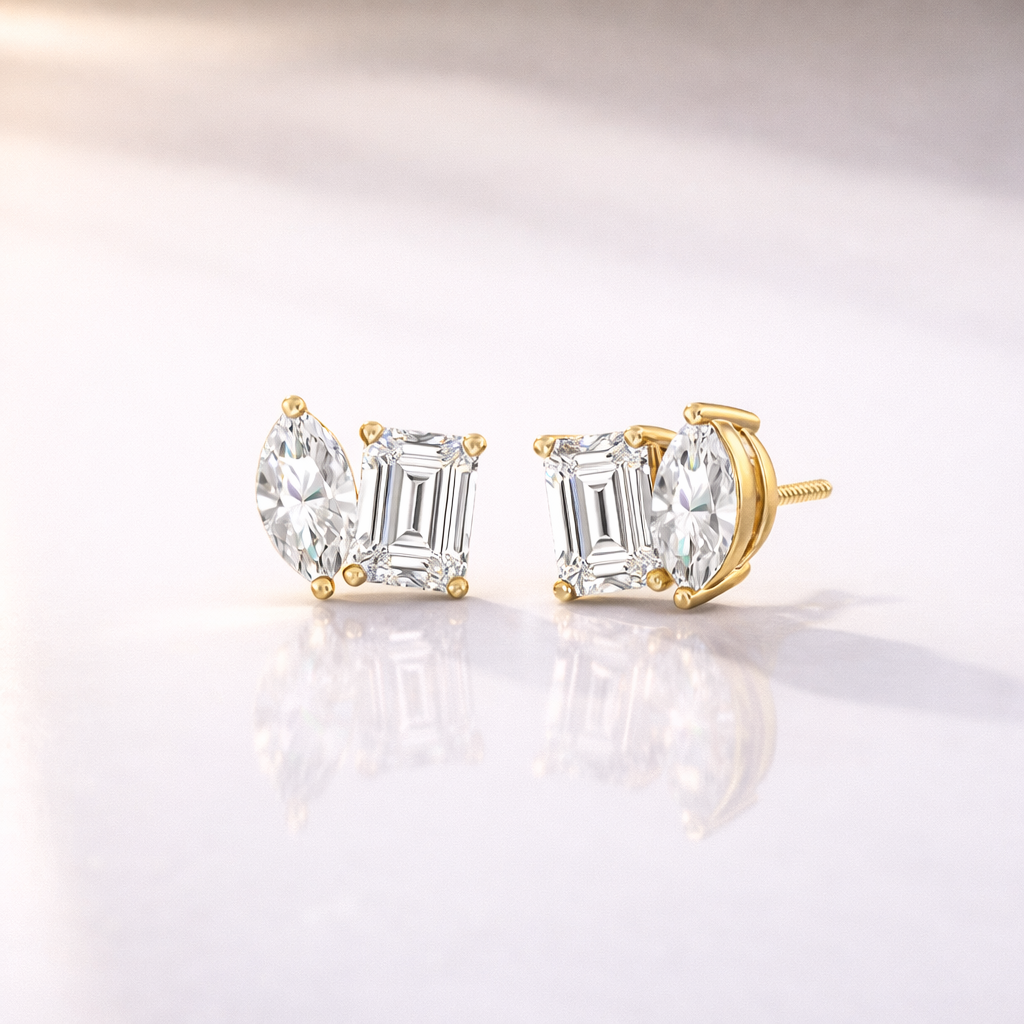Toi Et Moi Earrings With Marquise And Emerald Cut Diamonds In Gold Settings
