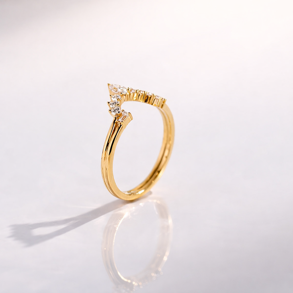 Double U Shaped Wedding Band With Prong Set Diamonds In Yellow Gold
