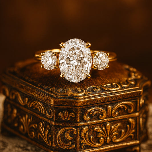 Diiro Oval Diamond Engagement Ring With Three-Stone Setting In 18K Gold, Designed To Reflect Timeless Beauty And Lasting Brilliance