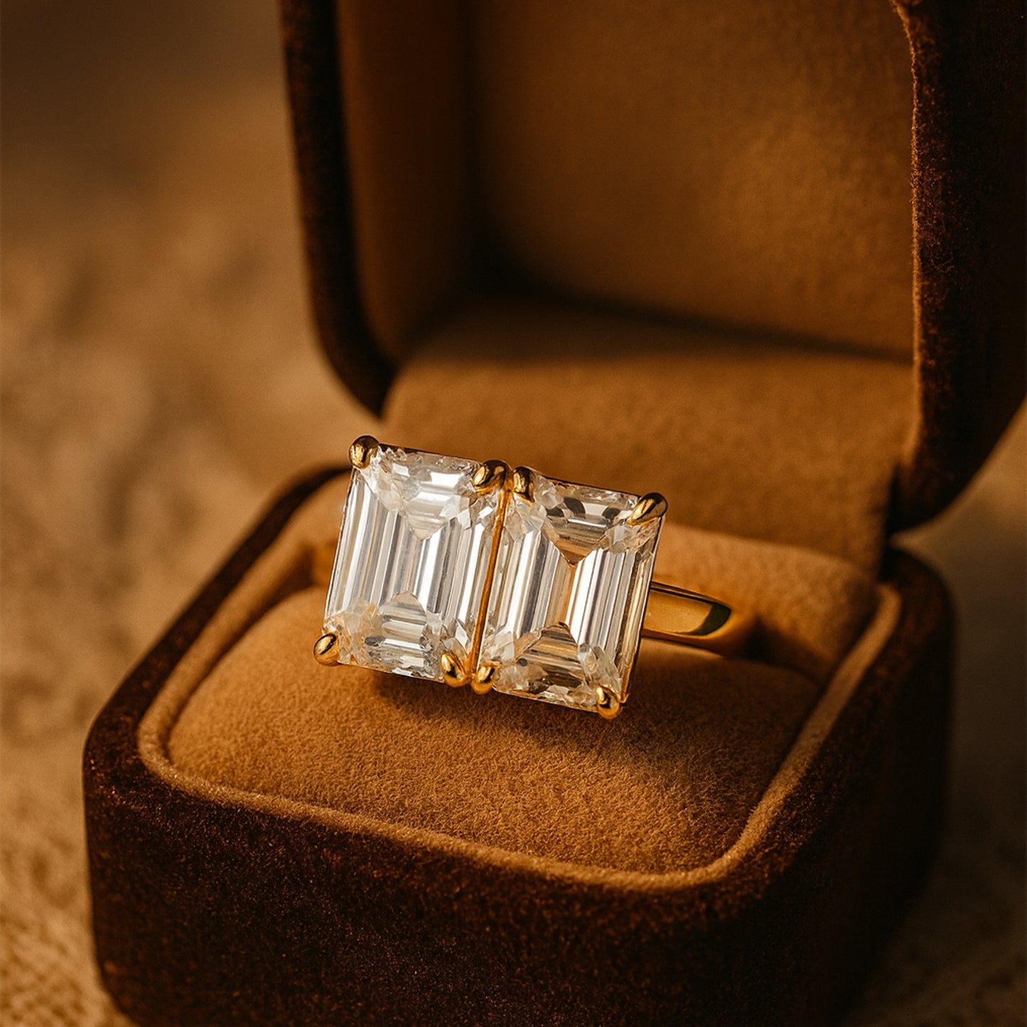 Two Stone Emerald Cut Diamond Ring Close-Up – Premium Quality Twin Diamonds by Diiro
