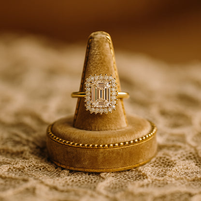 Classic Emerald Cut Moissanite Ring With Double Halo - Elegant Bridal Or Cocktail Wedding Jewelry