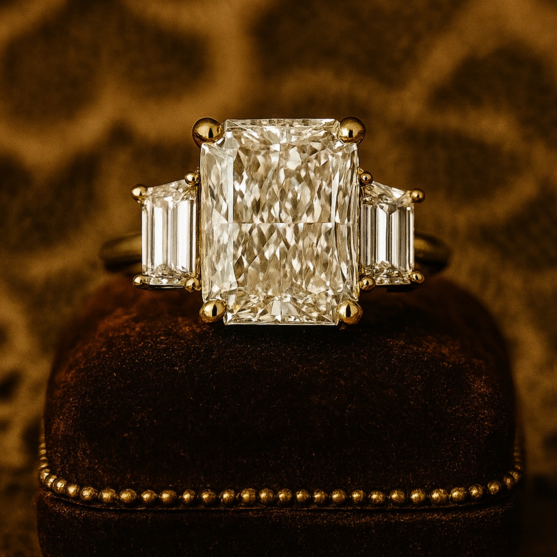 Radiant Cut Three Stone Diamond Engagement Ring In 18K Yellow Gold Featuring Trapezoid Side Stones Placed On A Vintage Brown Display Tray Under Warm Light