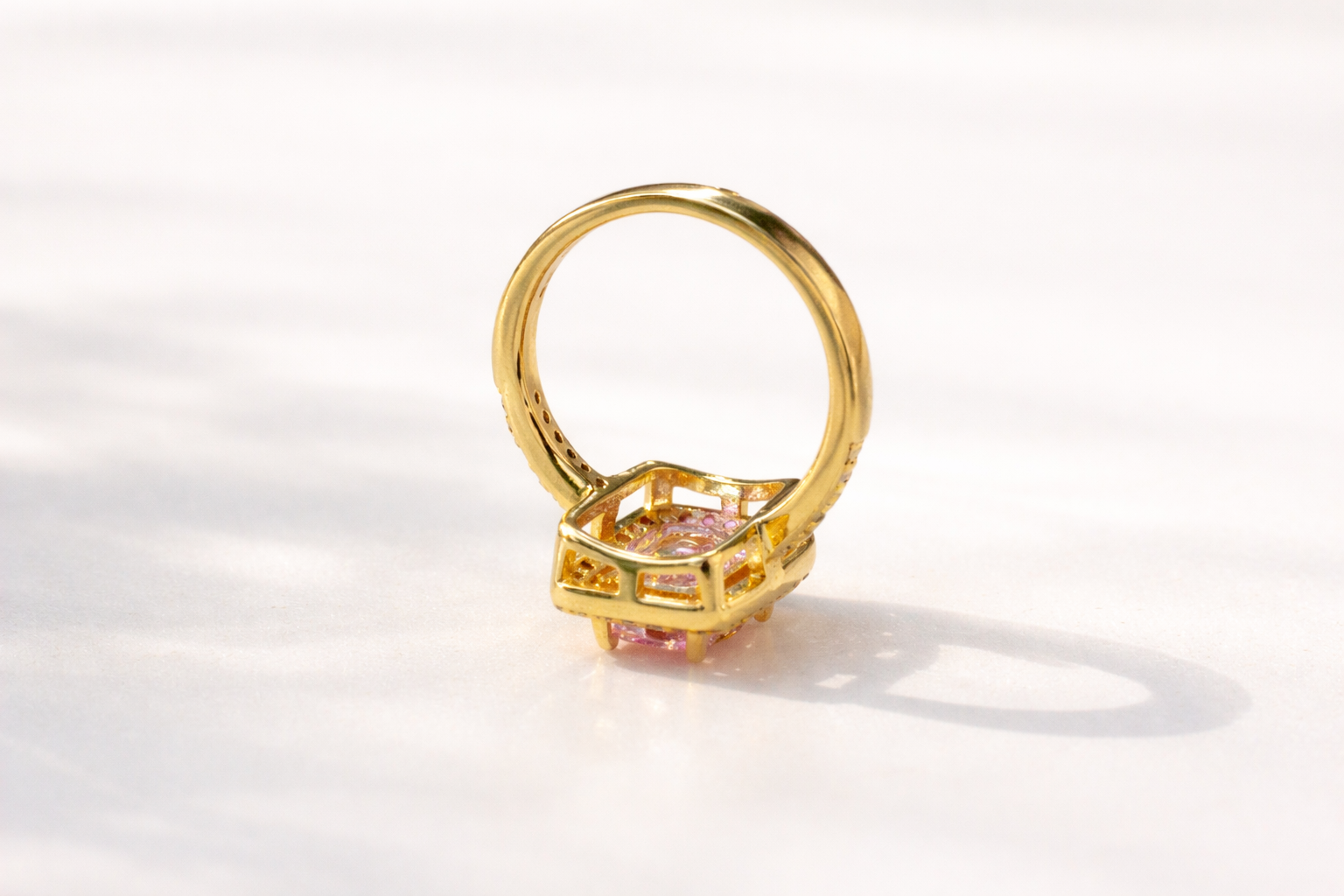 Lab Grown Diamond Ring Custom Jewelry Tapered Shank Pink Sapphire Ring.
