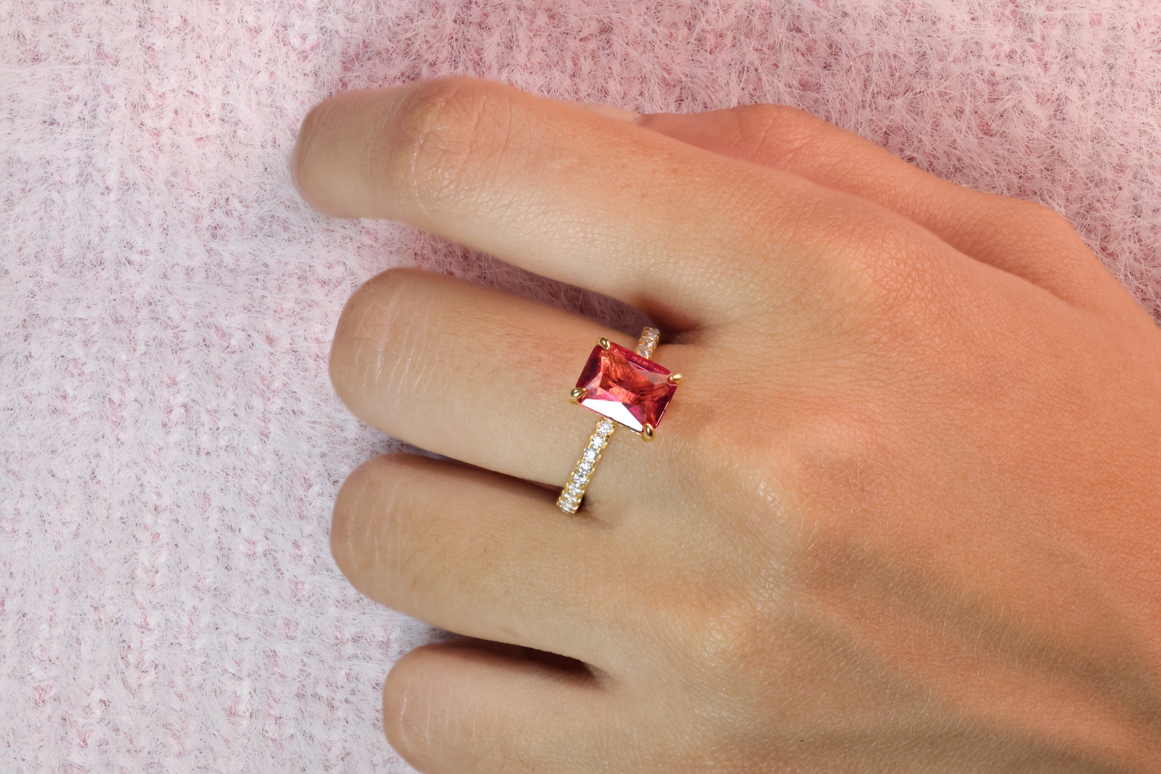 Ruby Diamond Ring Yellow Gold Engagement Ring Four Claw Prong Setting.
