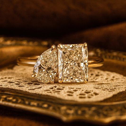 Radiant And Pear Cut Moissanite Toi Et Moi Ring With Diamond-Like Sparkle, Perfect For Engagements And Anniversaries.