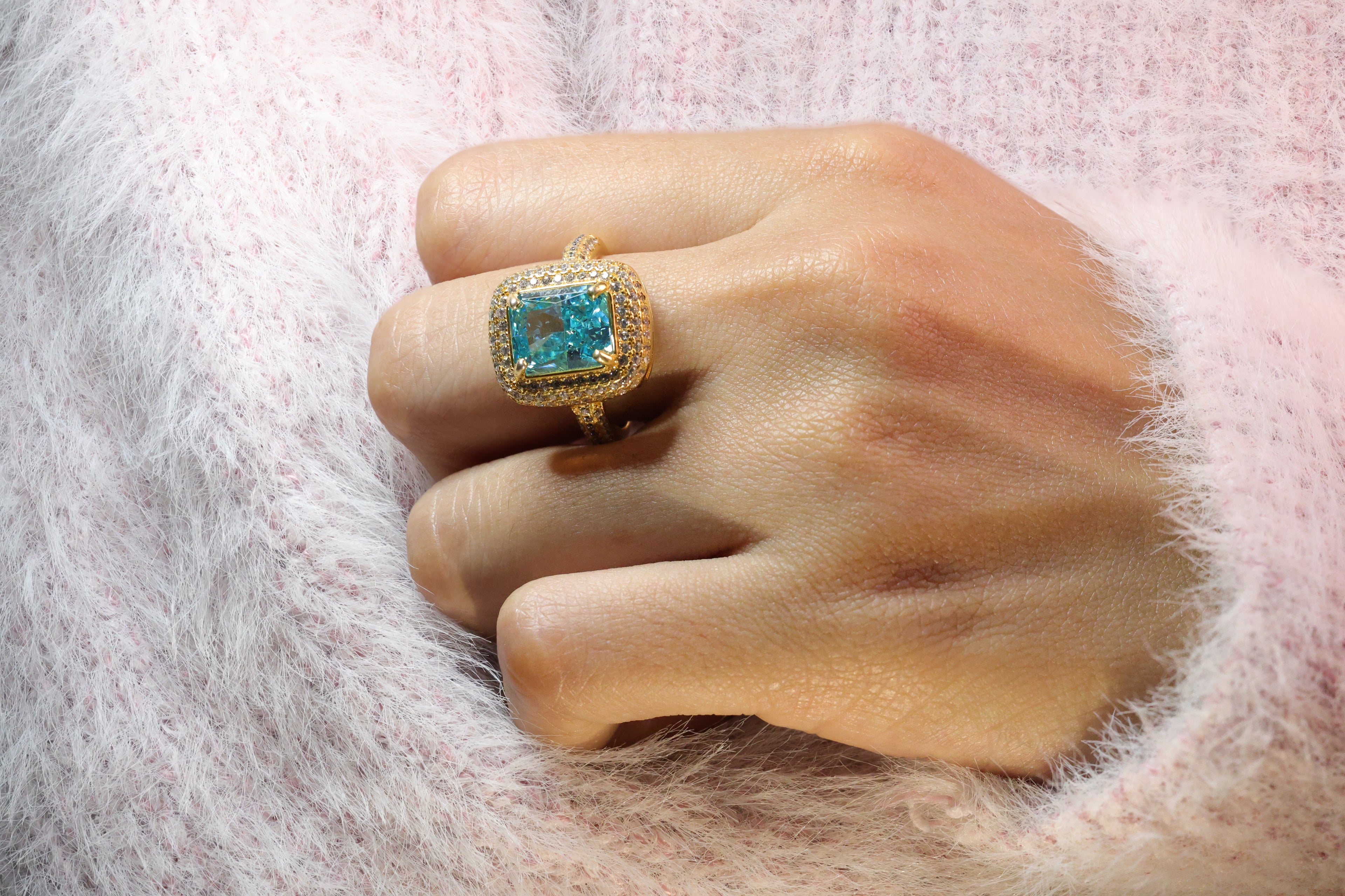 Radiant Center Stone 3 Row Pave Band Hidden Halo Engagement Ring.
