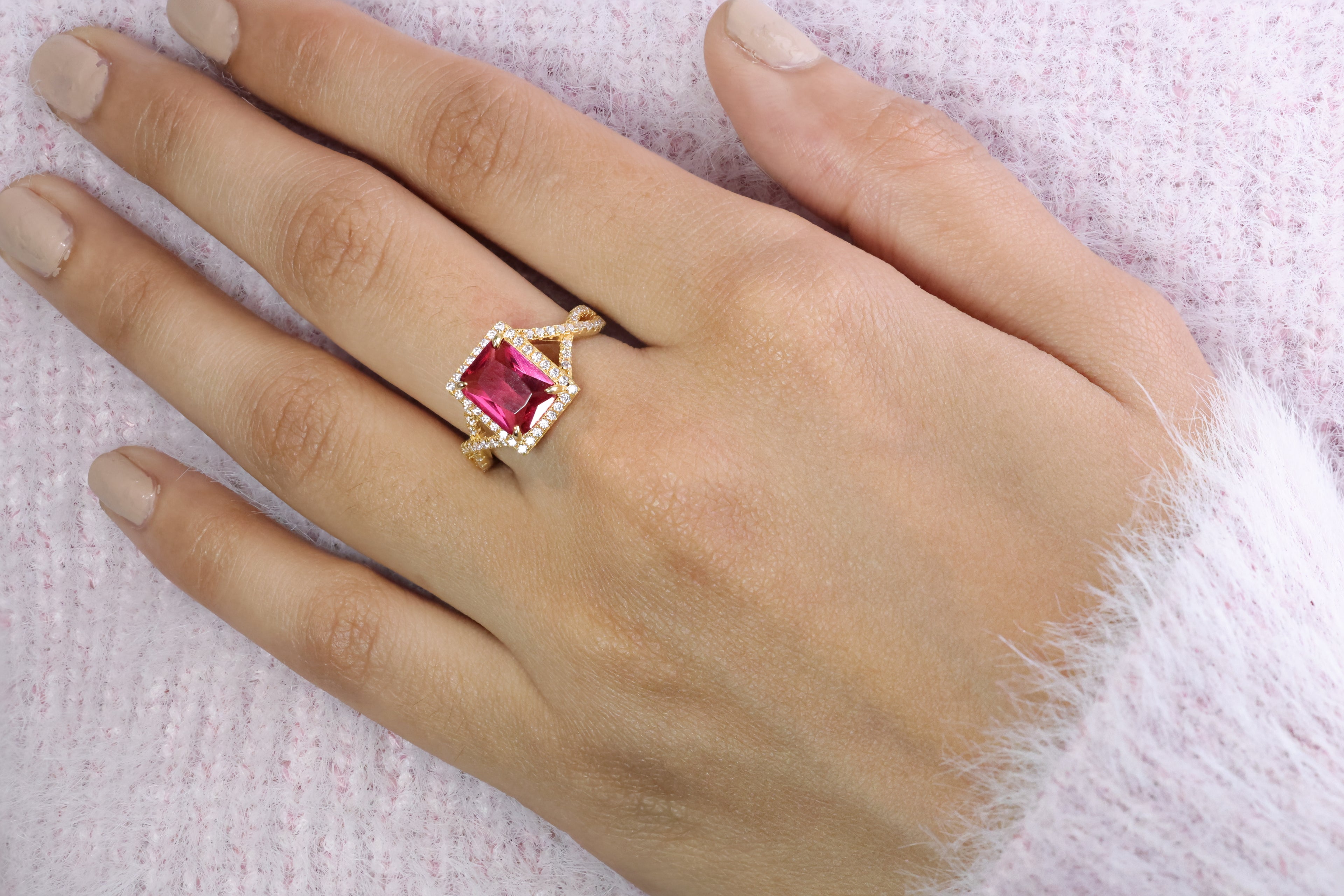 Radiant Cut Ruby Ring Moissanite Engagement Ring Round Cut Pave Band.
