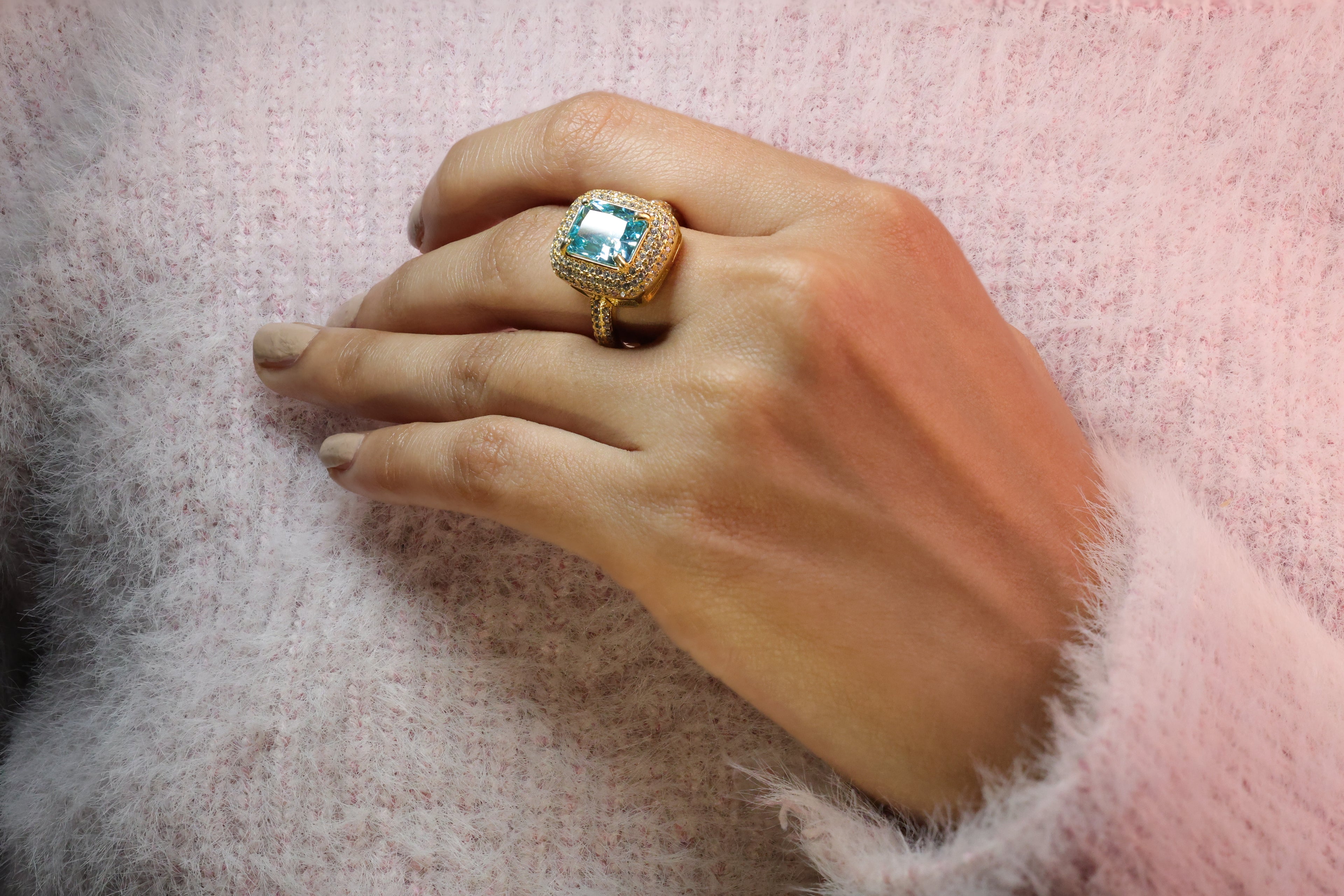 Double Halo Ring 4 Round Prong Setting Radiant Cut Sapphire Diiro.
