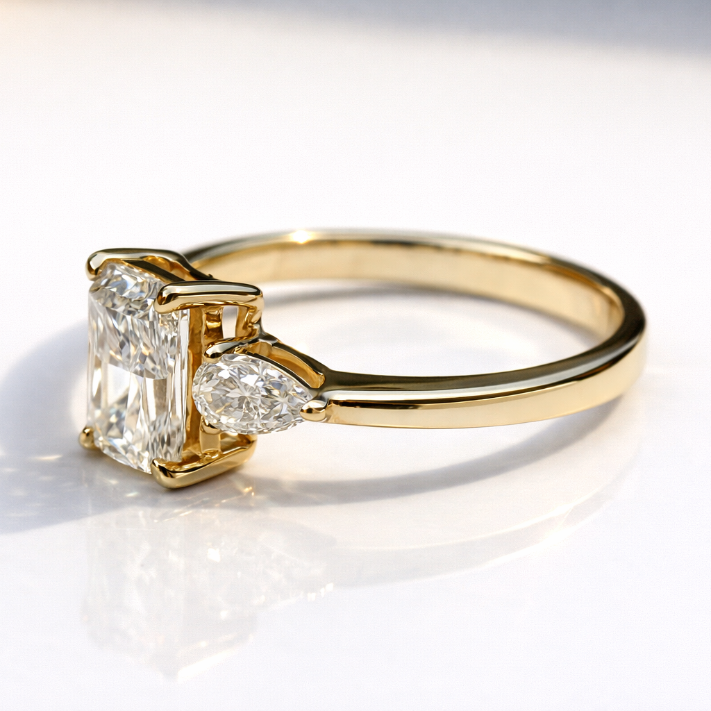 Three Stone Wedding Ring Four Claw Prong Setting Radiant Cut Ring.
