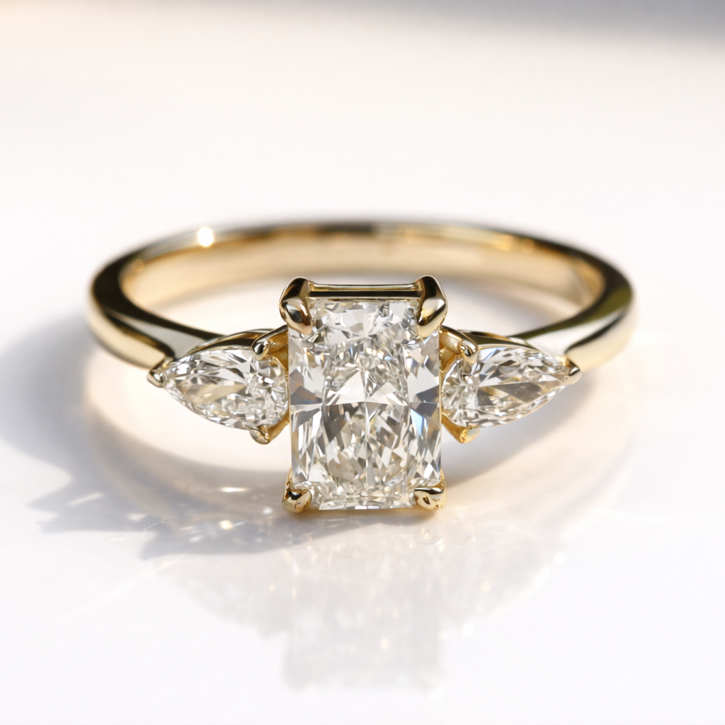 Radiant Cut Moissanite Ring Three Stone Engagement Ring Yellow Gold.

