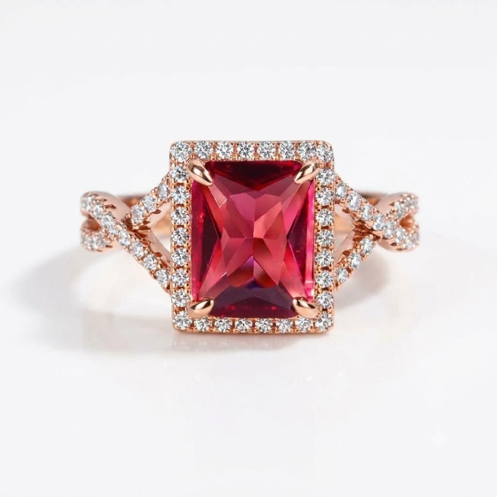 A rose gold ring featuring a large rectangular emerald-cut red gemstone in a halo setting, accented with small pavé-set clear stones on the band, shown on a clean white background.