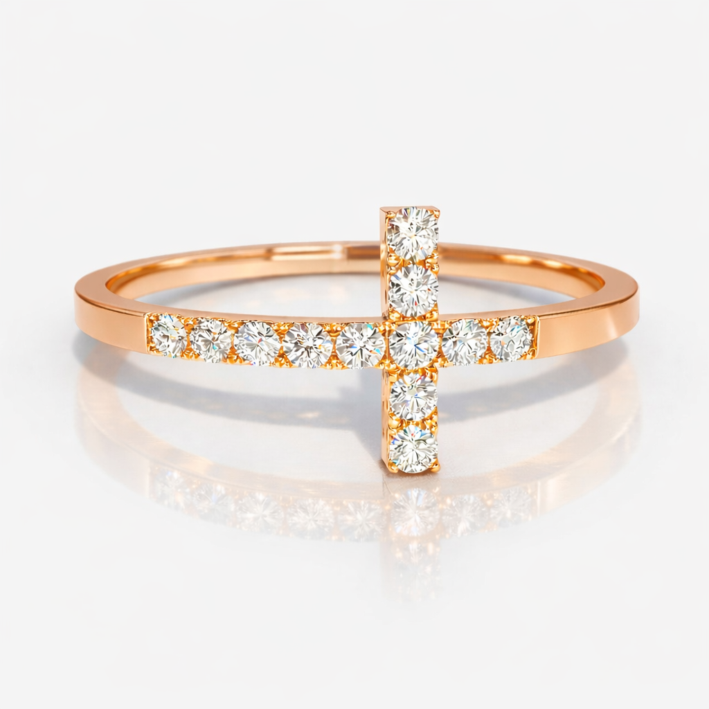 Yellow Gold Cross Wedding Band With Round Diamond Accents

