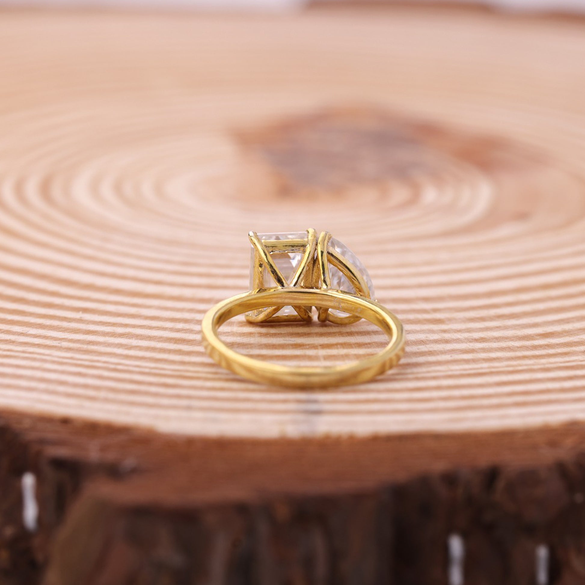 Moissanite Toi Et Moi Ring, Emerald Cut & Pear Shape Yellow Gold Engagement Fine Jewelry