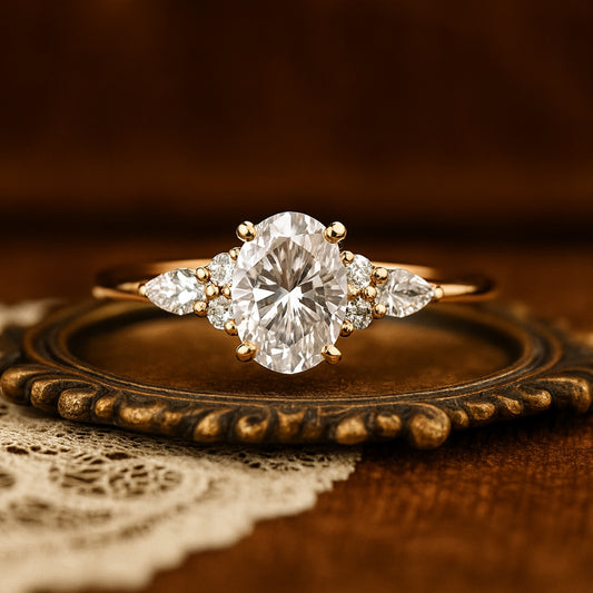 August Birthstone Oval Three Stone Moissanite Engagement Ring With Peridot Pear & Oval On White Background