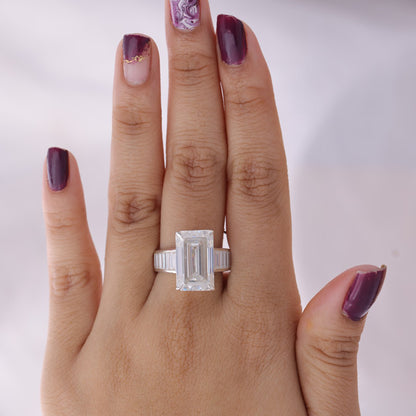 Emerald Cut Moissanite Ring, 1ct Baguette Sides Half Eternity 14K Gold Engagement Fine Jewelry