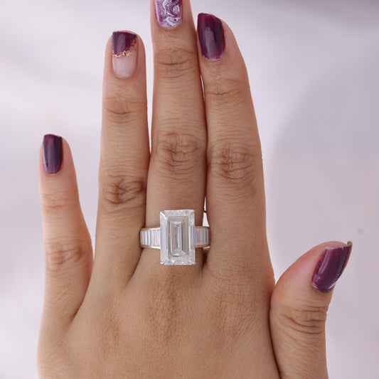 Emerald Cut Moissanite Ring, 1ct Baguette Sides Half Eternity 14K Gold Engagement Fine Jewelry