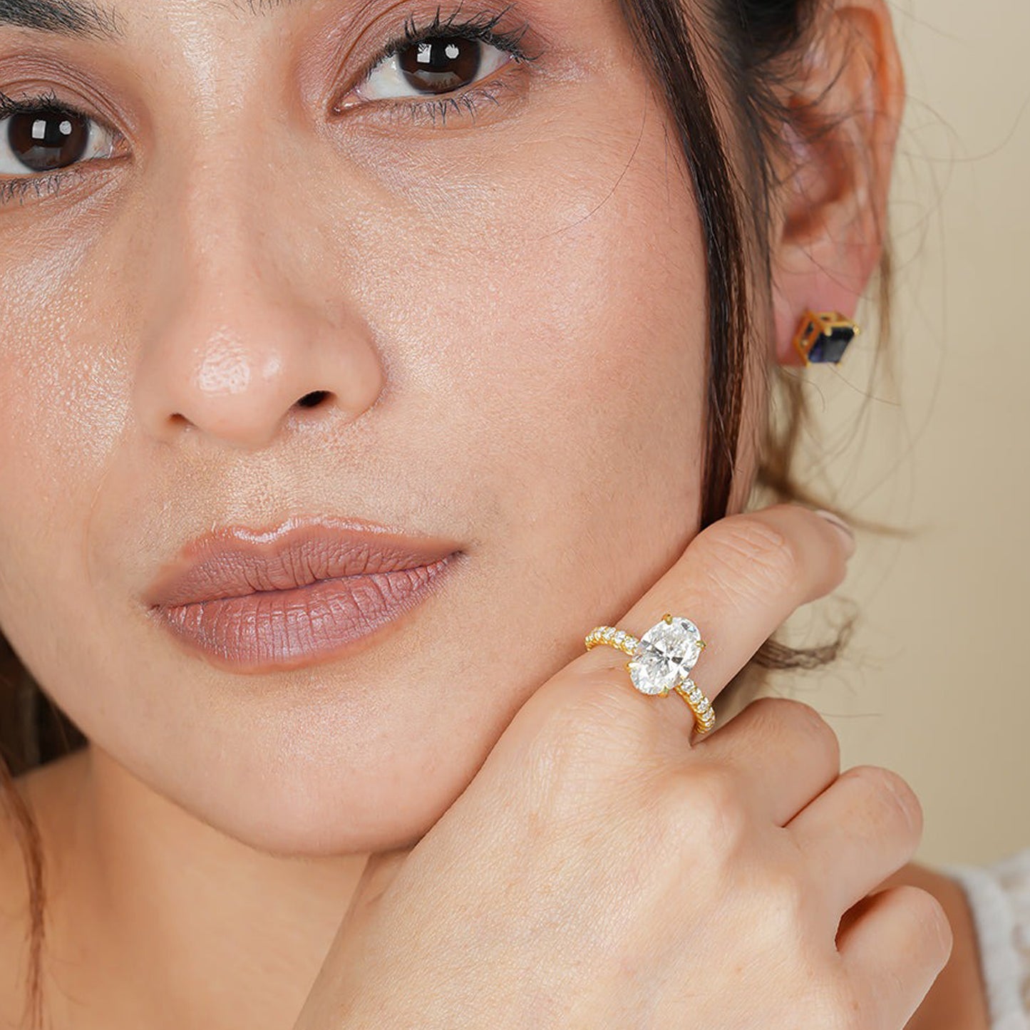Moissanite Oval Engagement Ring, Halo Setting Yellow Gold Fine Jewelry With Brilliance