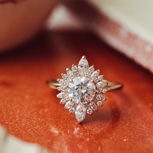 Moissanite Round Cut Engagement Ring With Halo Setting, Wedding Band Fine Jewelry And Yellow Gold Design