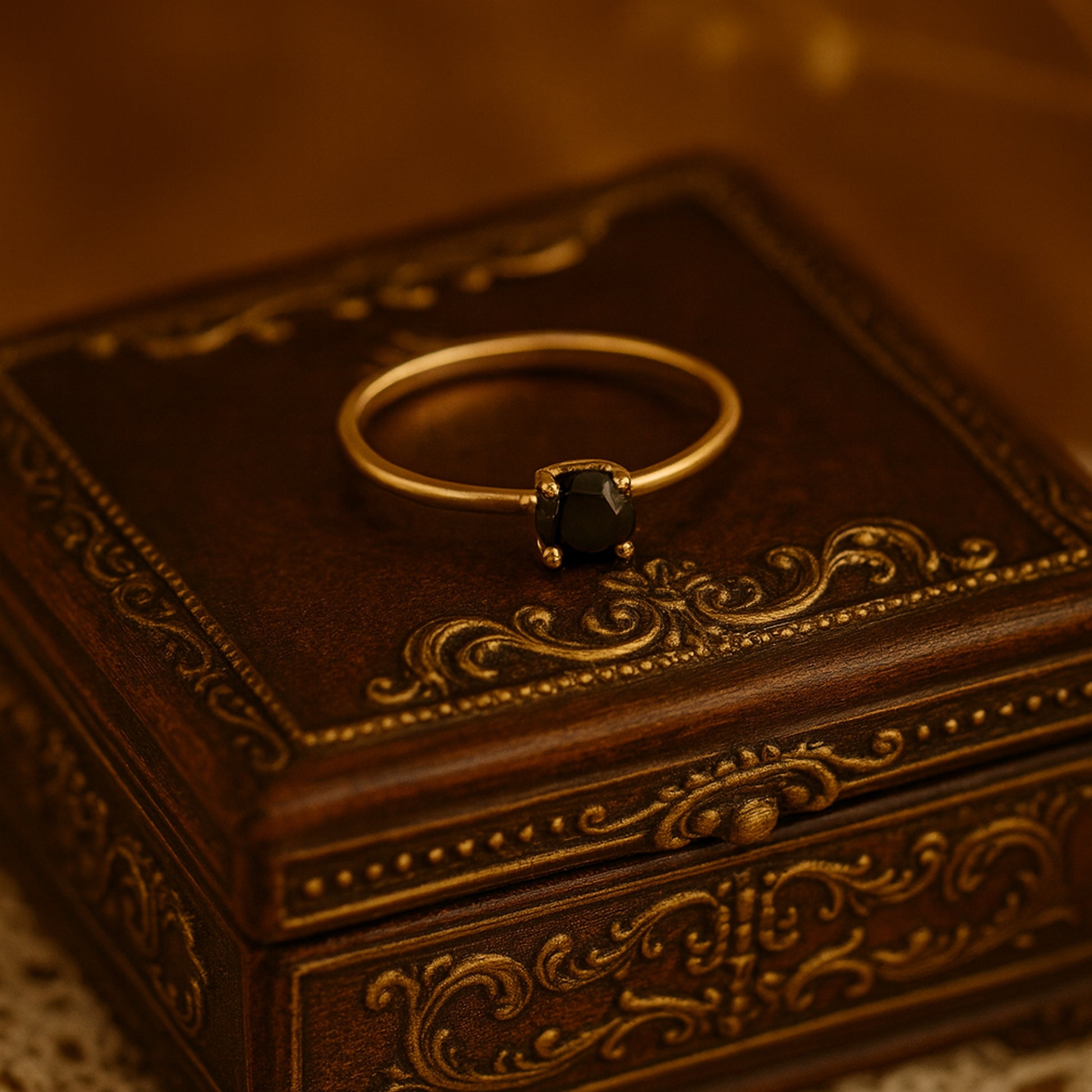 Black Onyx Ring With Round Cut, Gold Birthstone Gemstone Fine Jewelry Featuring Deep Black Stone And Elegance