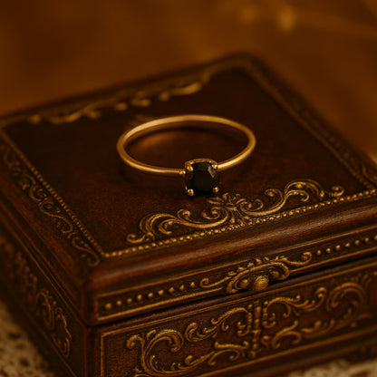 Black Onyx Ring With Round Cut, Gold Birthstone Gemstone Fine Jewelry Featuring Deep Black Stone And Elegance