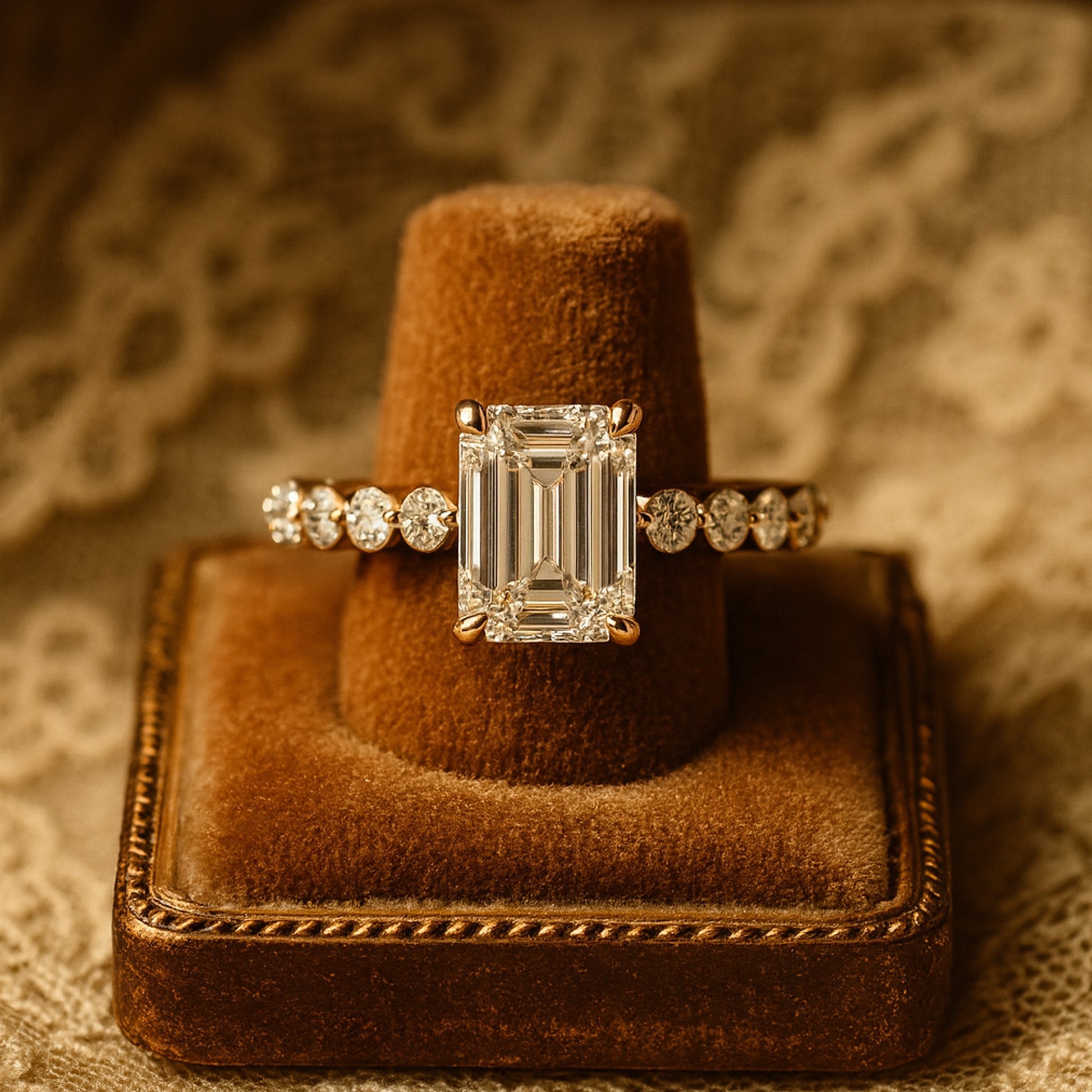 Emerald Cut Moissanite Solitaire Ring Set In Gold With Brilliant Side Stones, Perfect For Women