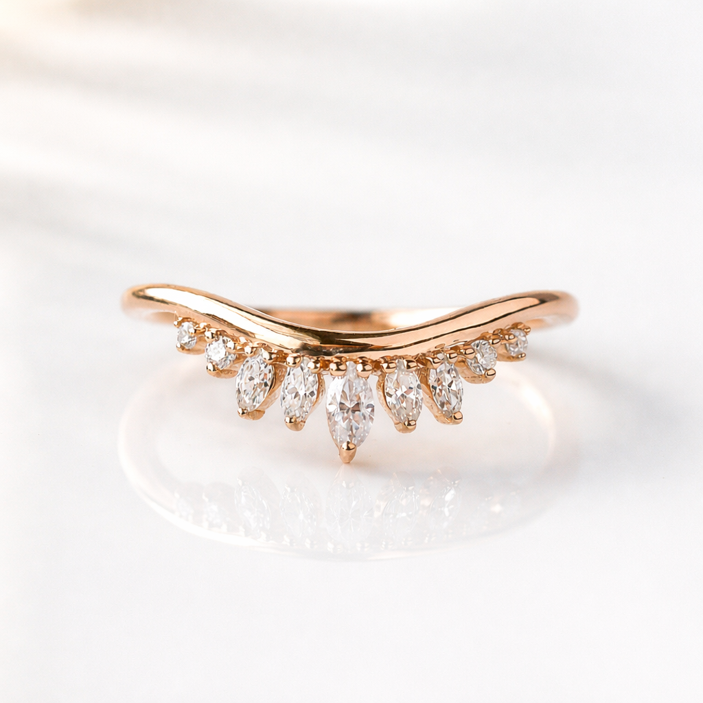 Chevron Curved Wedding Band In Rose Gold With Diamonds

