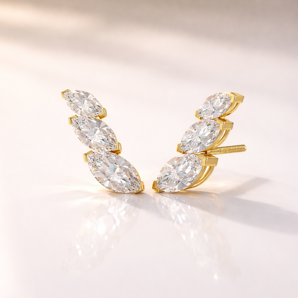Customizable Marquise Stud Earrings With Diamonds Or Moissanite In Gold.
