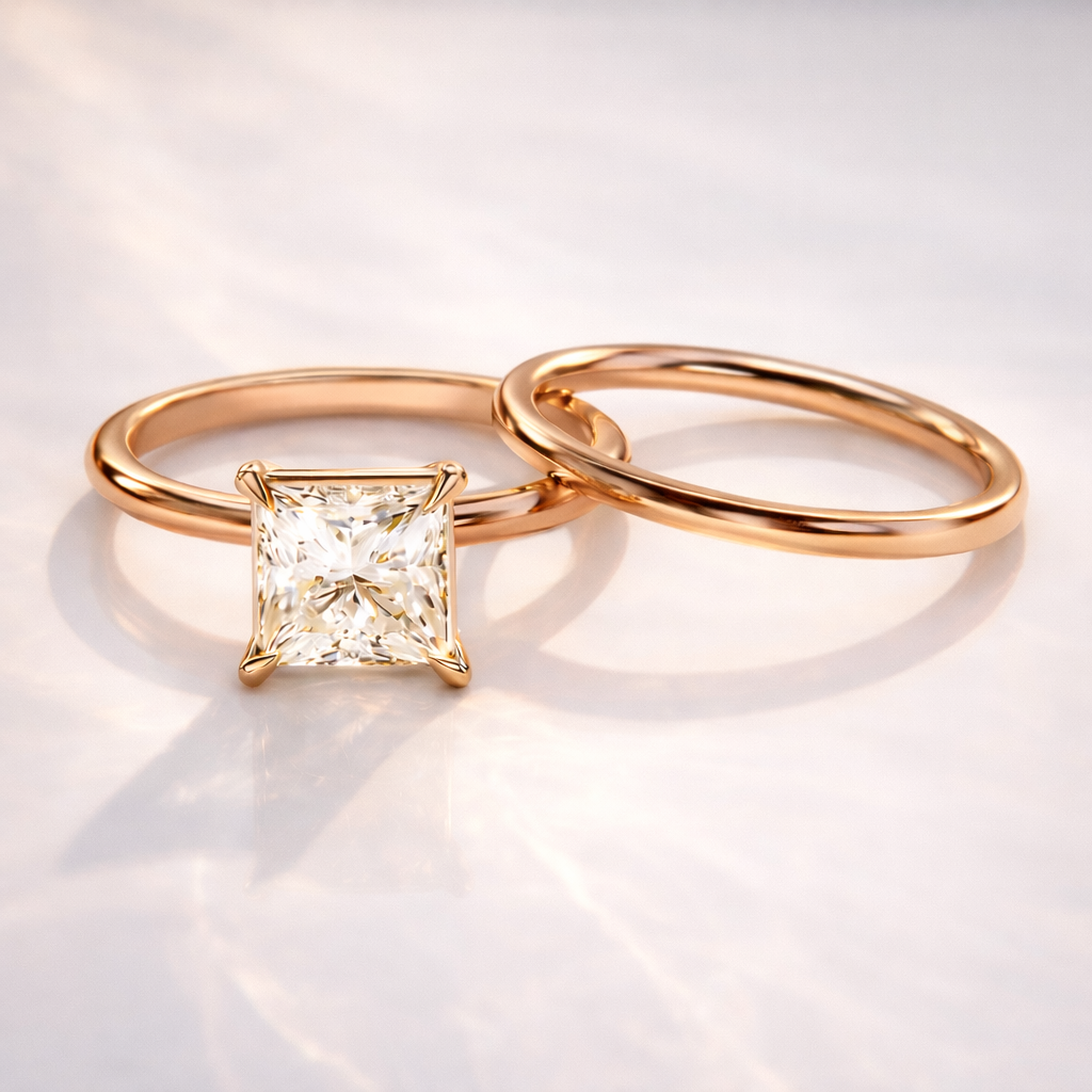 White gold princess cut diamond ring with band
