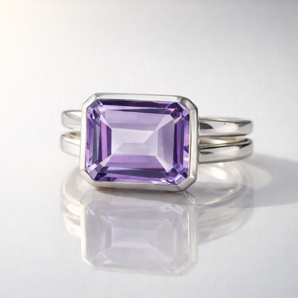 Emerald Cut Amethyst Bezel Ring
