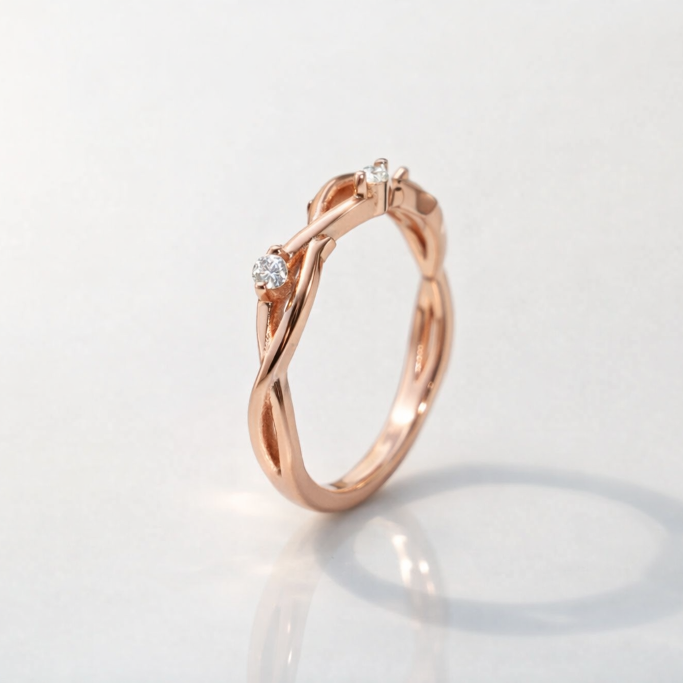 Twisted Rose Gold Wedding Band With Round Cut Diamond Or Moissanite
