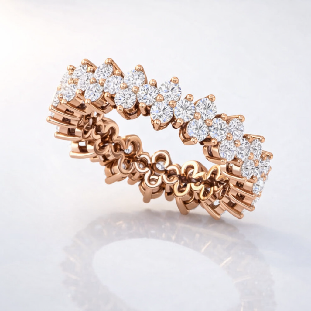 Round Cut Diamond Eternity Wedding Band In Rose Gold Prong Setting
