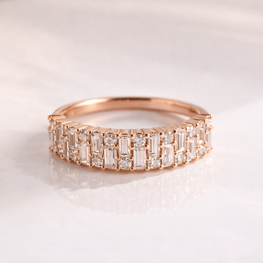 Rose Gold Moissanite Wedding Band With Round And Baguette Cuts
