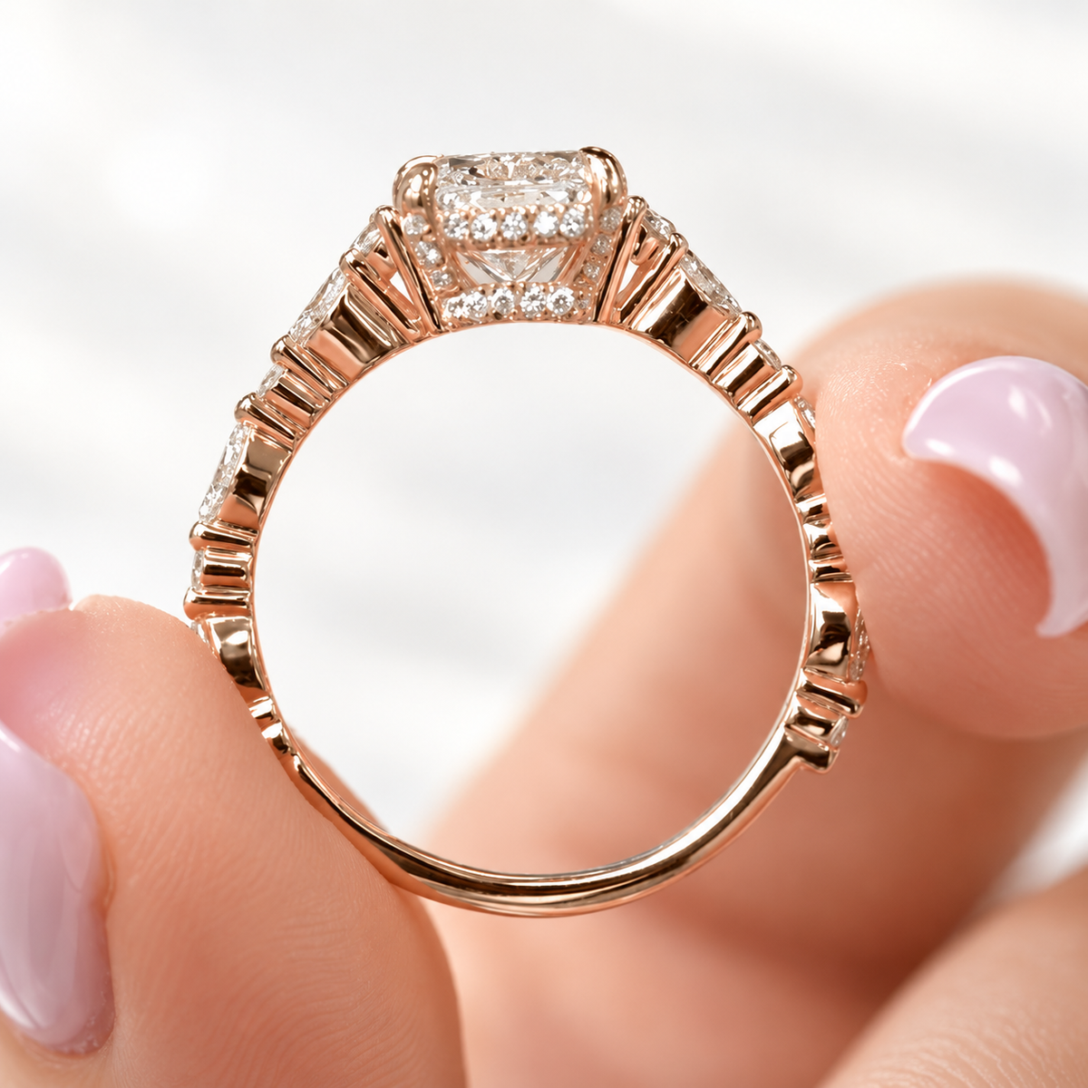 Rose gold radiant cut engagement ring held upright between pink-manicured fingers, showing a diamond hidden halo under the center stone and marquise and round diamonds along the band