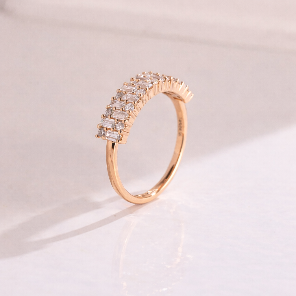Elegant Round And Baguette Cut Wedding Band In Rose Gold
