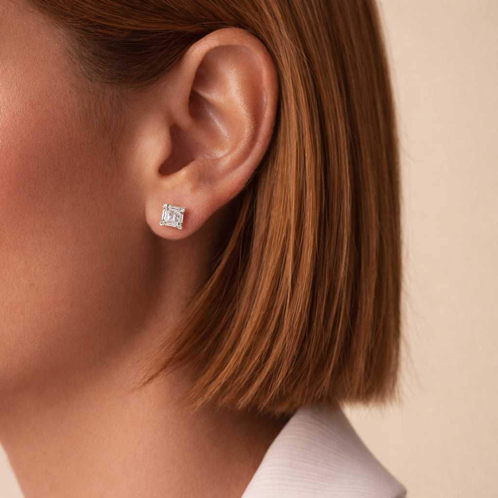 Round And Baguette Cut Diamond Princess Cut Stud Earrings Yellow Gold Stud Earrings.
