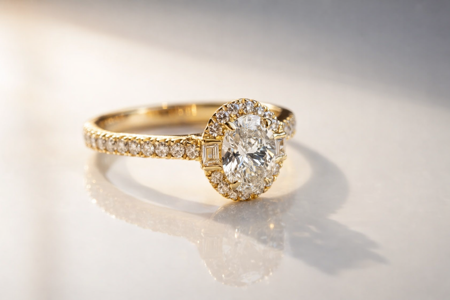 Halo Engagement Ring With Oval Center And Round And Emerald Cut Halo Setting
