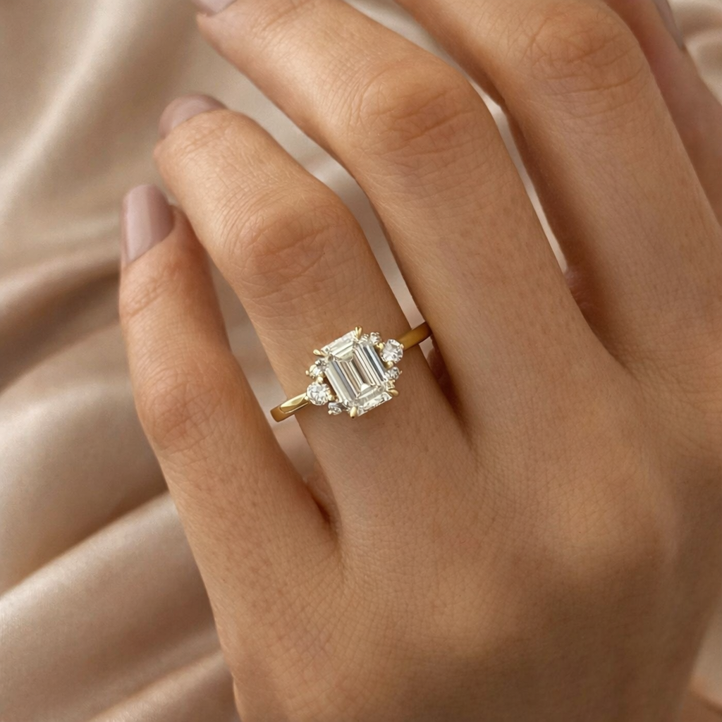 Emerald Diamond Cluster Ring With 2 Carat Emerald Cut Center
