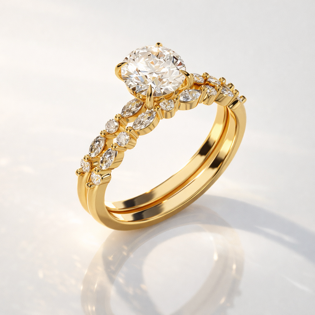 Rose gold pave engagement ring with curved band
