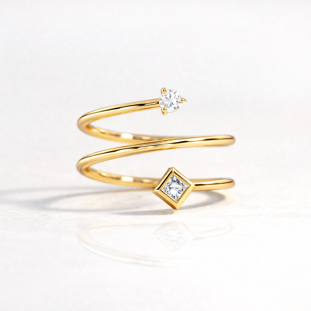 Round And Princess Cut Diamond Ring Spiral Setting Custom Jewelry.
