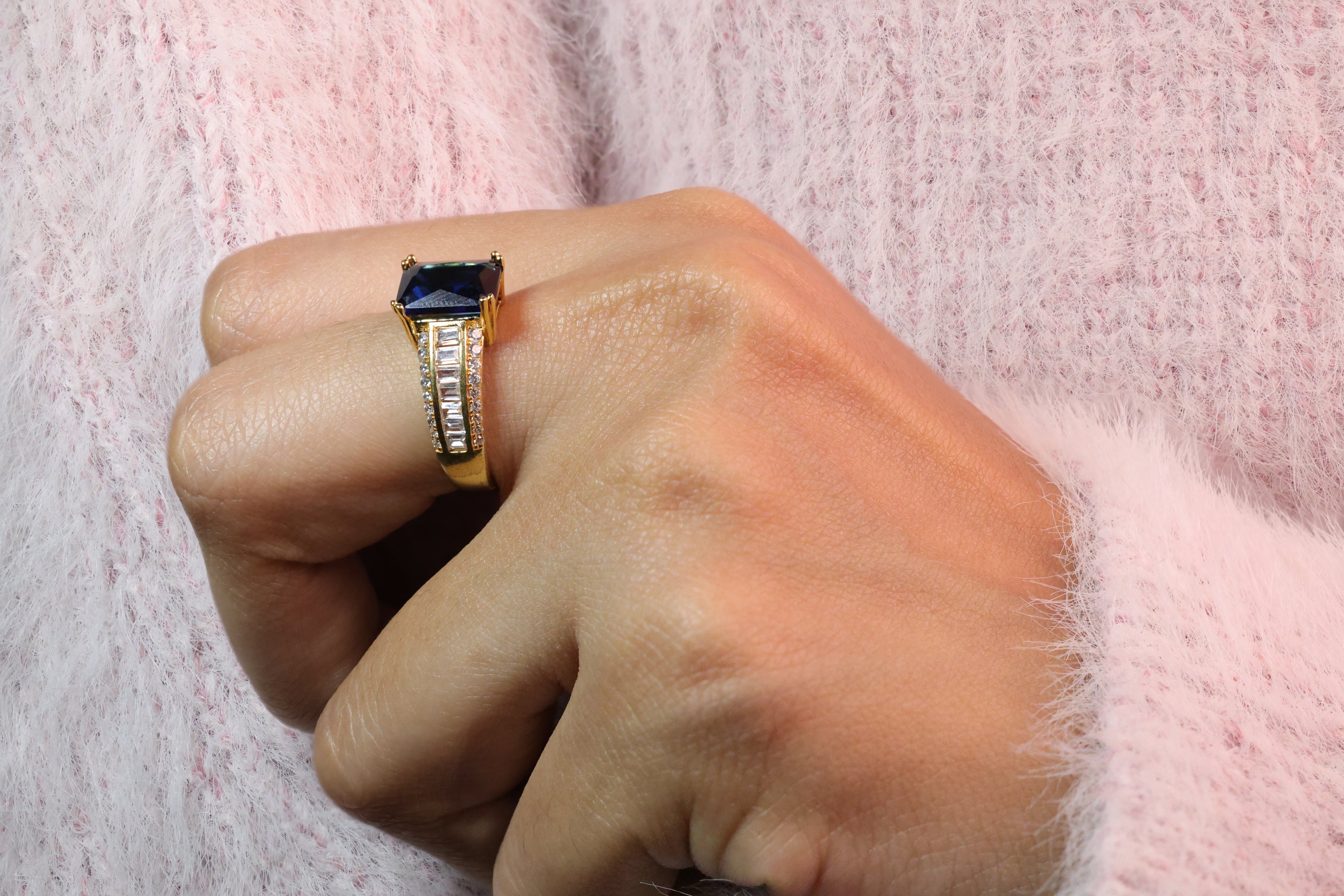 Blue Sapphire Ring Double Prong Setting Emerald Cut Side Stone Custom.
