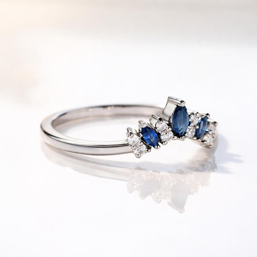 Curved Blue Sapphire Anniversary Band With Round Diamonds
