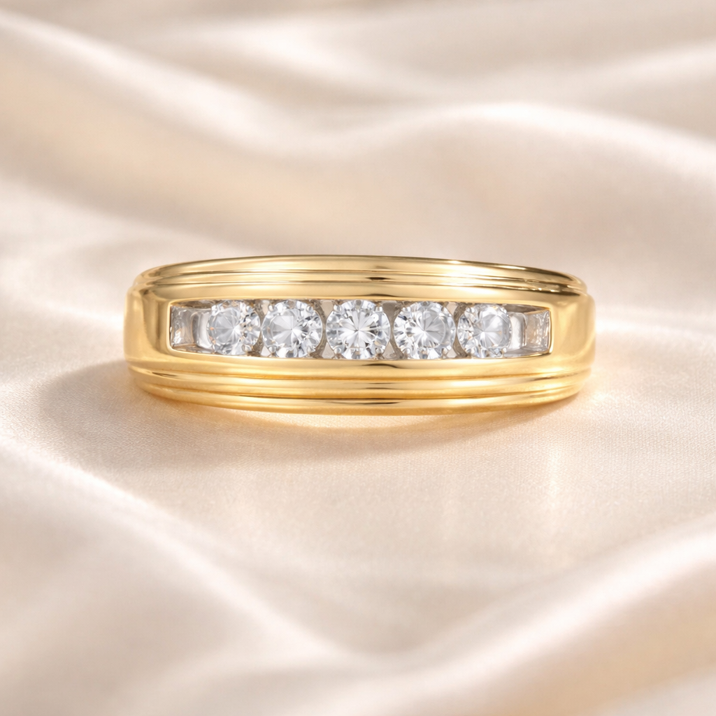 Mens Channel Set Wedding Band With Round Cut Diamond Or Moissanite
