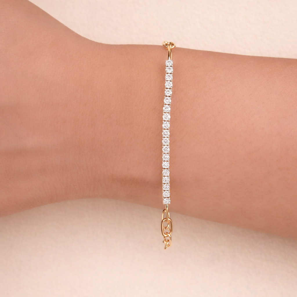 Paperclip bracelet with half tennis diamond design
