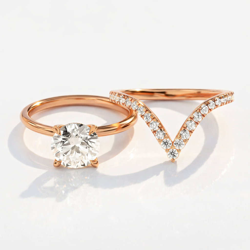 Curved V shape wedding band with solitaire diamond ring
