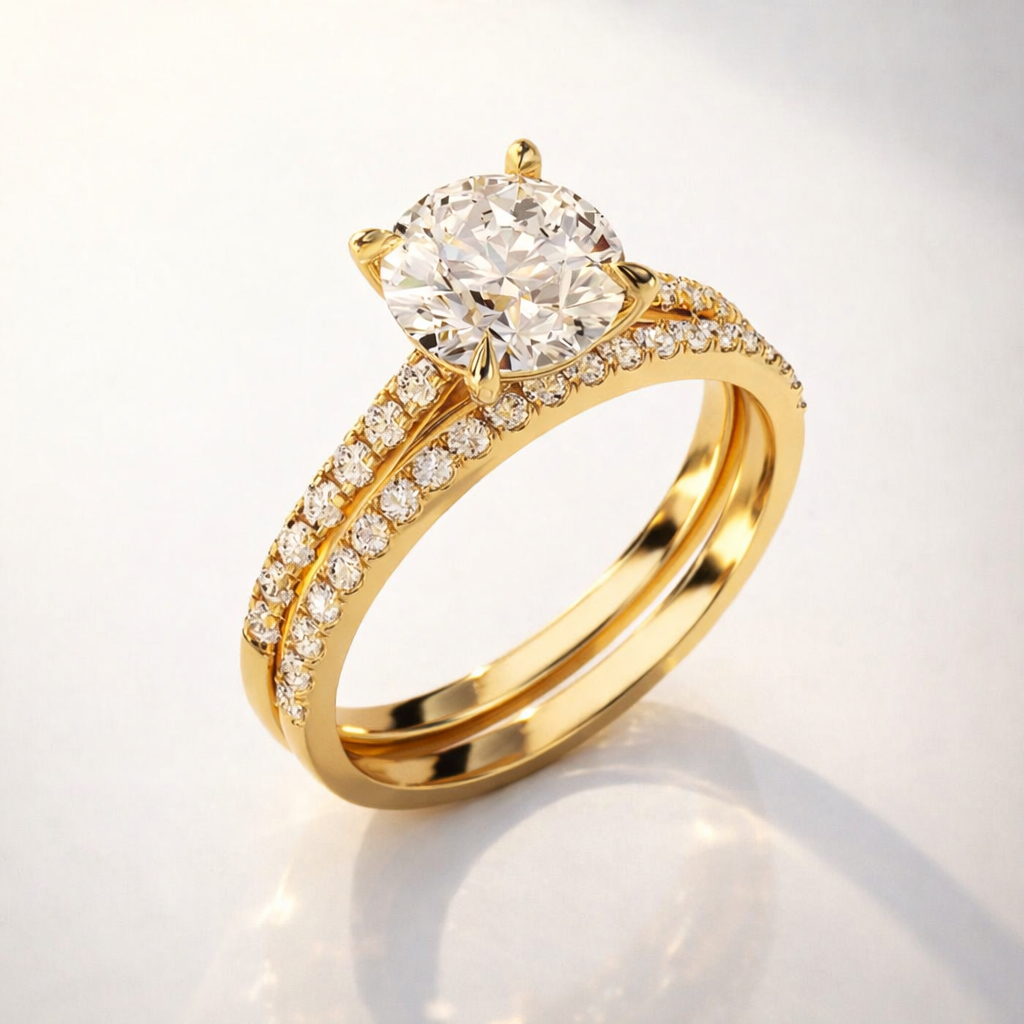Eternity wedding band paired with diamond engagement ring
